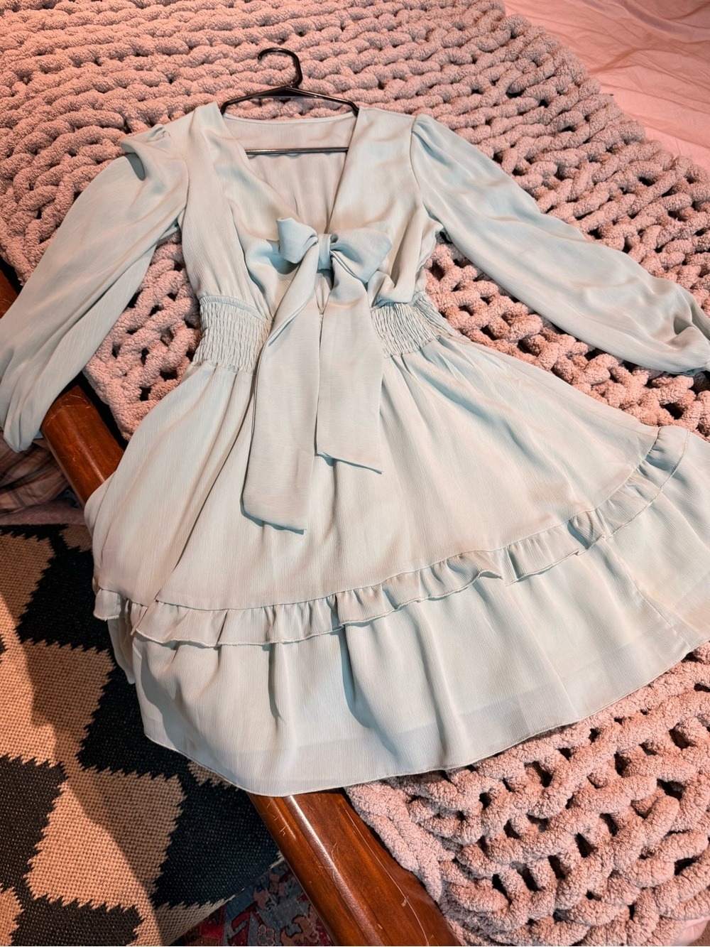 Tie Front Mini Dress XS Long Sleeve Ruffle Cottagecore Boho - Picture 2 of 9